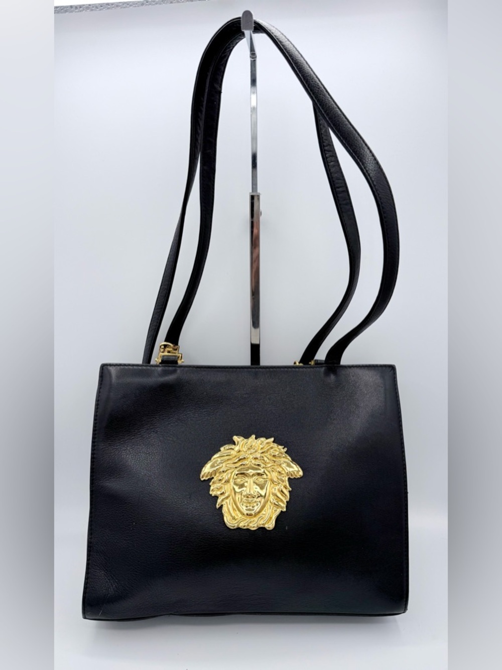 Gianni Versace Vintage 90s Medusa Black Leather Shoulder Bag Gold Hardware COA